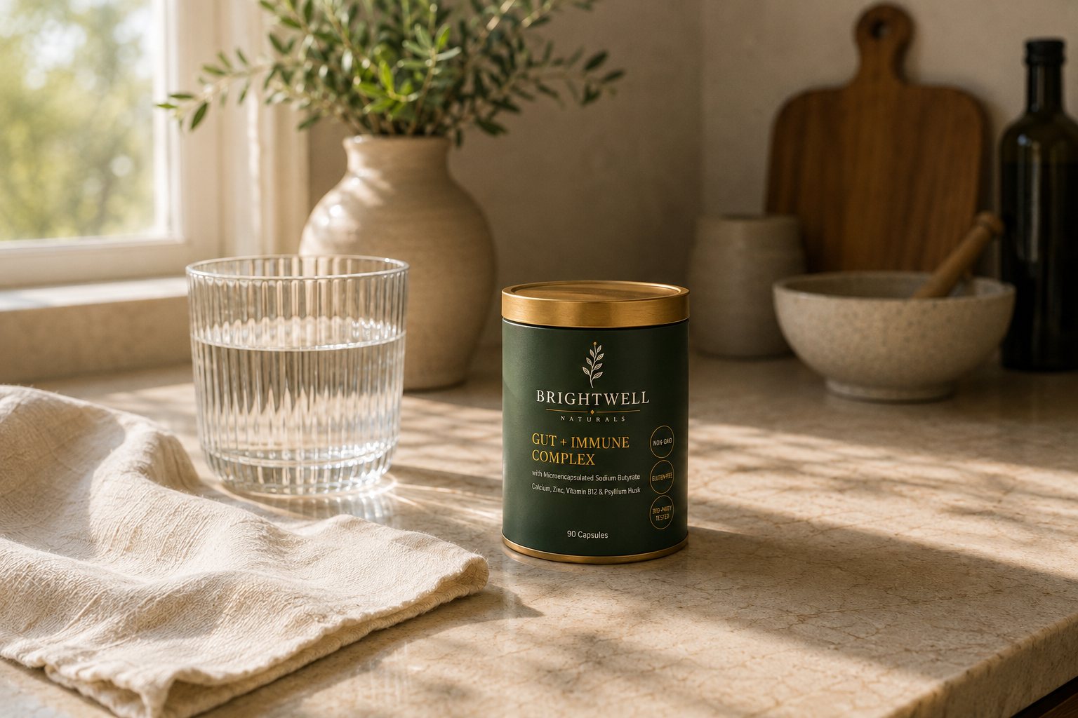 Brightwell Naturals Gut + Immune Complex on a sunlit kitchen counter
